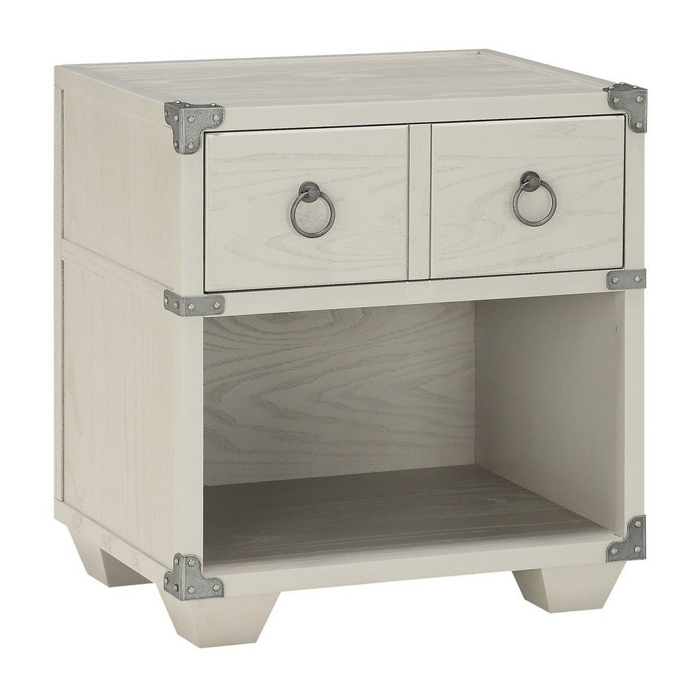 Two Drawer Wooden Nightstand with Metal Ring Pulls, Gray - BM233001