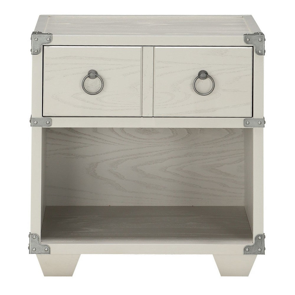 Two Drawer Wooden Nightstand with Metal Ring Pulls, Gray - BM233001