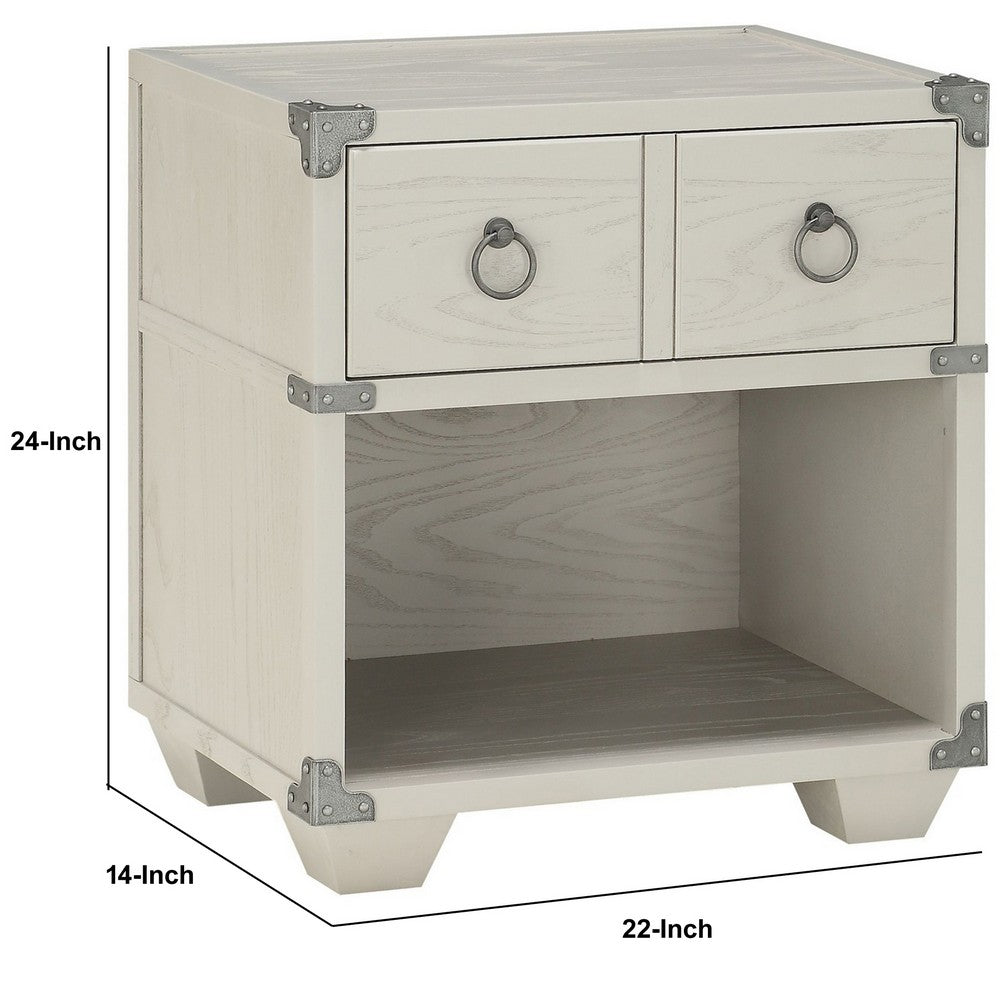 Two Drawer Wooden Nightstand with Metal Ring Pulls, Gray - BM233001