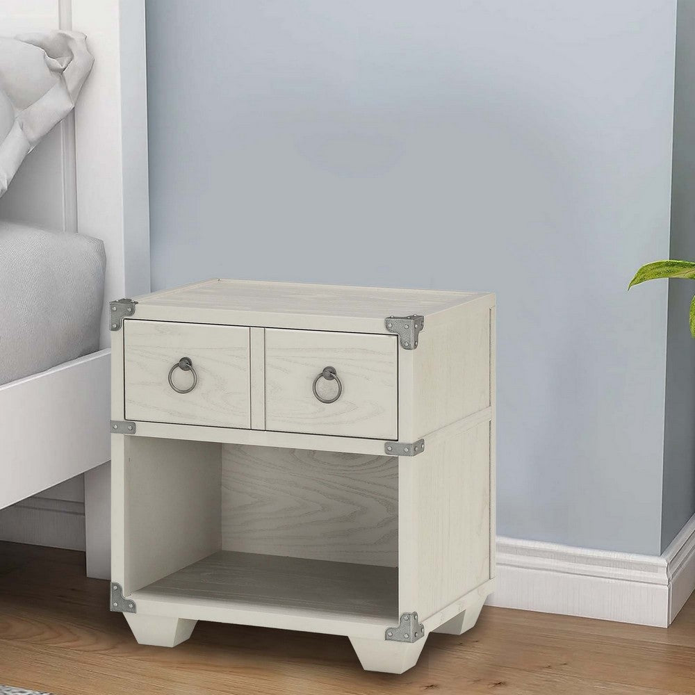 Two Drawer Wooden Nightstand with Metal Ring Pulls, Gray - BM233001