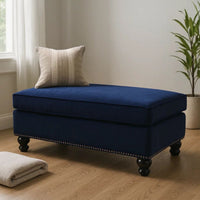 46 Inches Nailhead Trim Velvet Upholstered Ottoman, Blue - BM233086