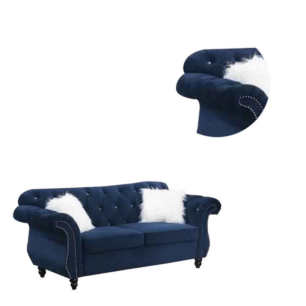 77 Inches Nailhead Trim Velvet Loveseat with Crystal Tufting, Blue - BM233089