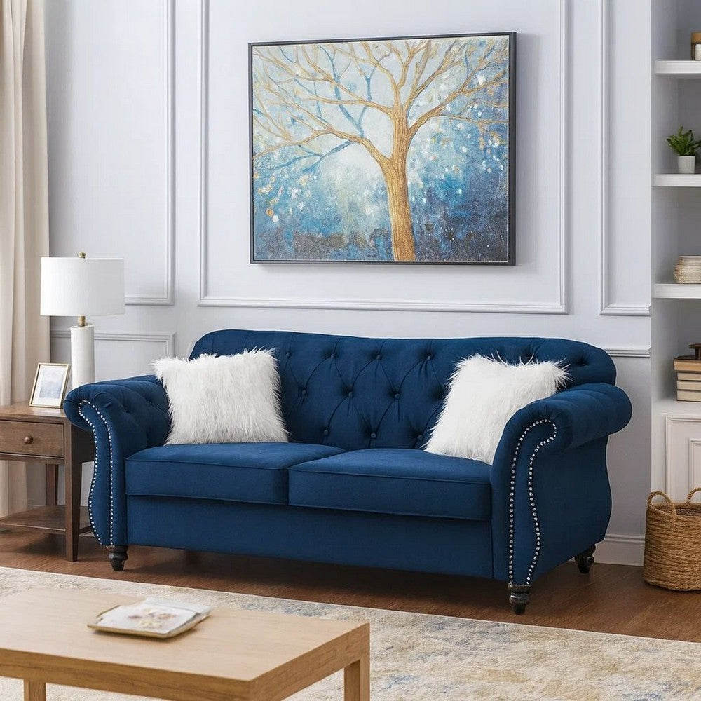 77 Inches Nailhead Trim Velvet Loveseat with Crystal Tufting, Blue - BM233089