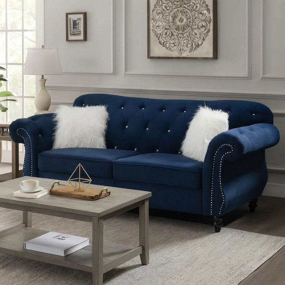 77 Inches Nailhead Trim Velvet Loveseat with Crystal Tufting, Blue - BM233089