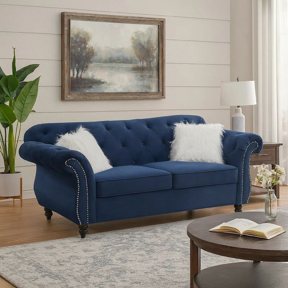 77 Inches Nailhead Trim Velvet Loveseat with Crystal Tufting, Blue - BM233089