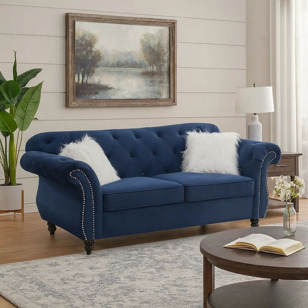 77 Inches Nailhead Trim Velvet Loveseat with Crystal Tufting, Blue - BM233089