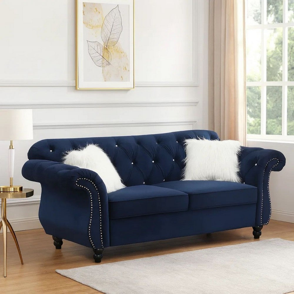 77 Inches Nailhead Trim Velvet Loveseat with Crystal Tufting, Blue - BM233089