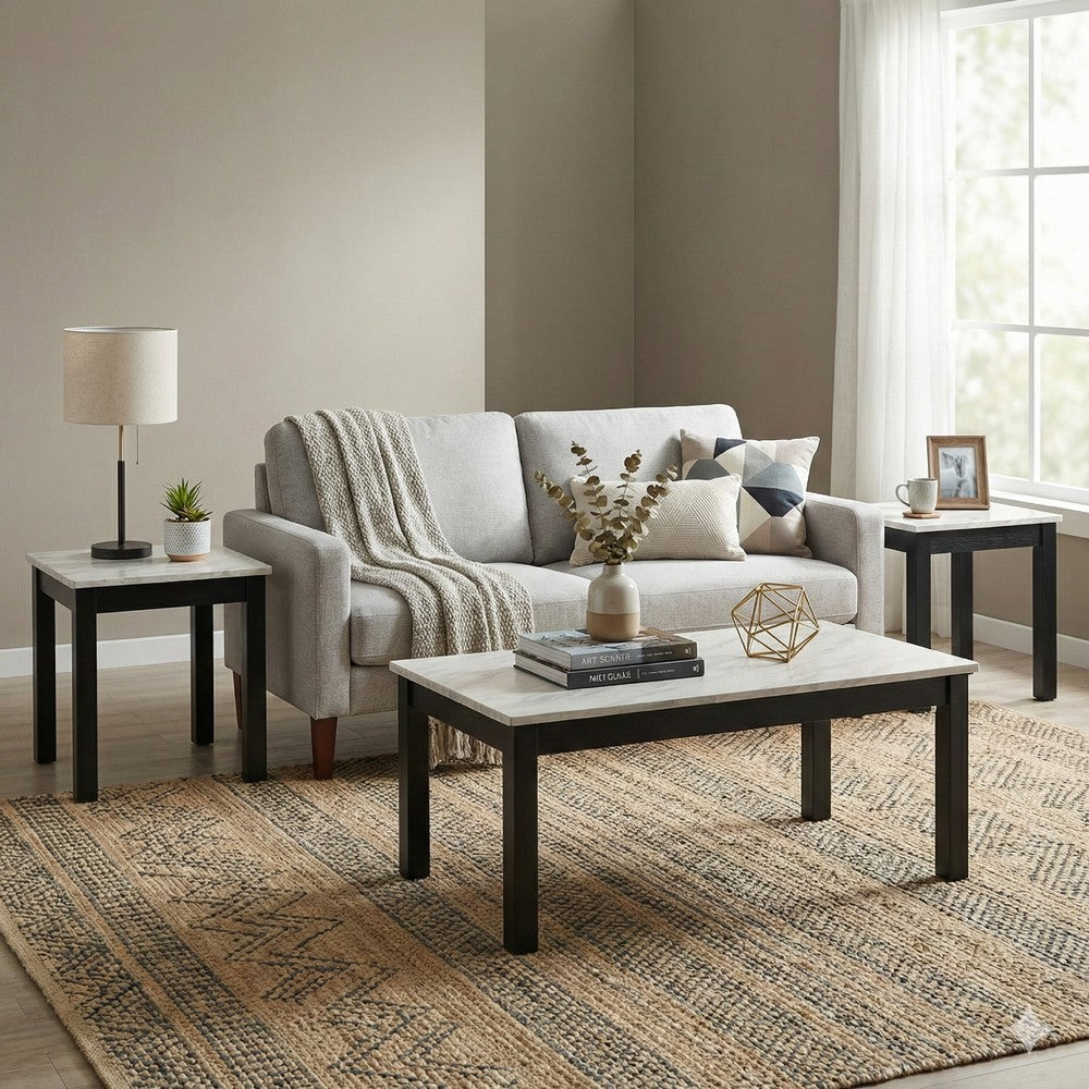 3 Piece Coffee Table and End Table with Faux Marble Top, Black and White - BM233097