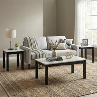 3 Piece Coffee Table and End Table with Faux Marble Top, Black and White - BM233097