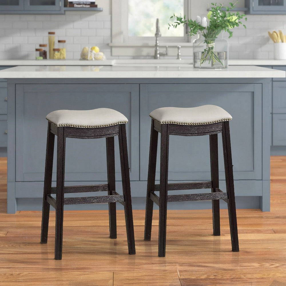 29 Inch Wooden Bar Stool with Upholstered Cushion Seat, Set of 2, Gray and Black - BM233105