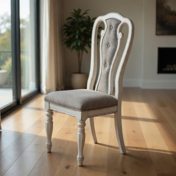 Dining Chair with Button Tufted Backrest, Padded Seat, Set of 2, White and Gray - BM233110