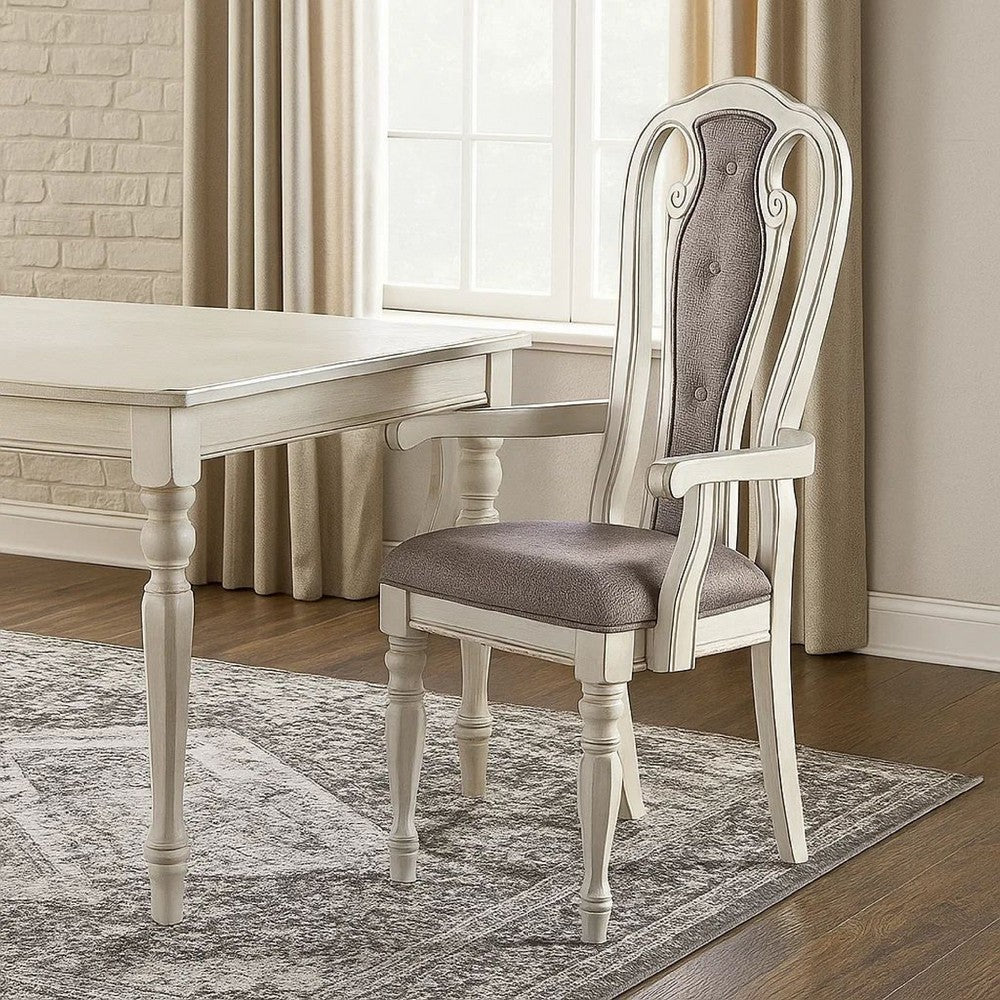 Wooden Arm Chair with Button Tufted Back, Set of 2, Cream and Gray - BM233131