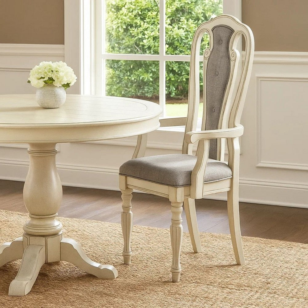 Wooden Arm Chair with Button Tufted Back, Set of 2, Cream and Gray - BM233131