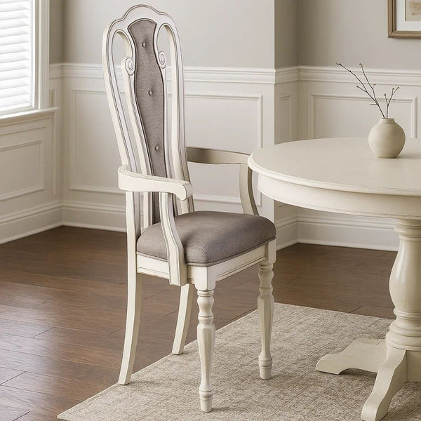 Wooden Arm Chair with Button Tufted Back, Set of 2, Cream and Gray - BM233131