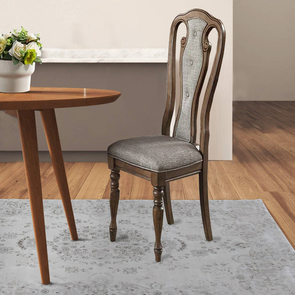 Wooden Dining Chair with Button Tufted Back, Set of 2, Brown and Gray - BM233133