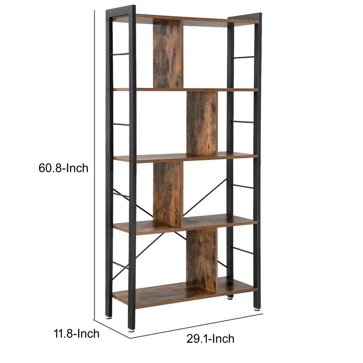 4 Tier Wood and Metal Bookcase with Crossbars, Brown and Black - BM233143