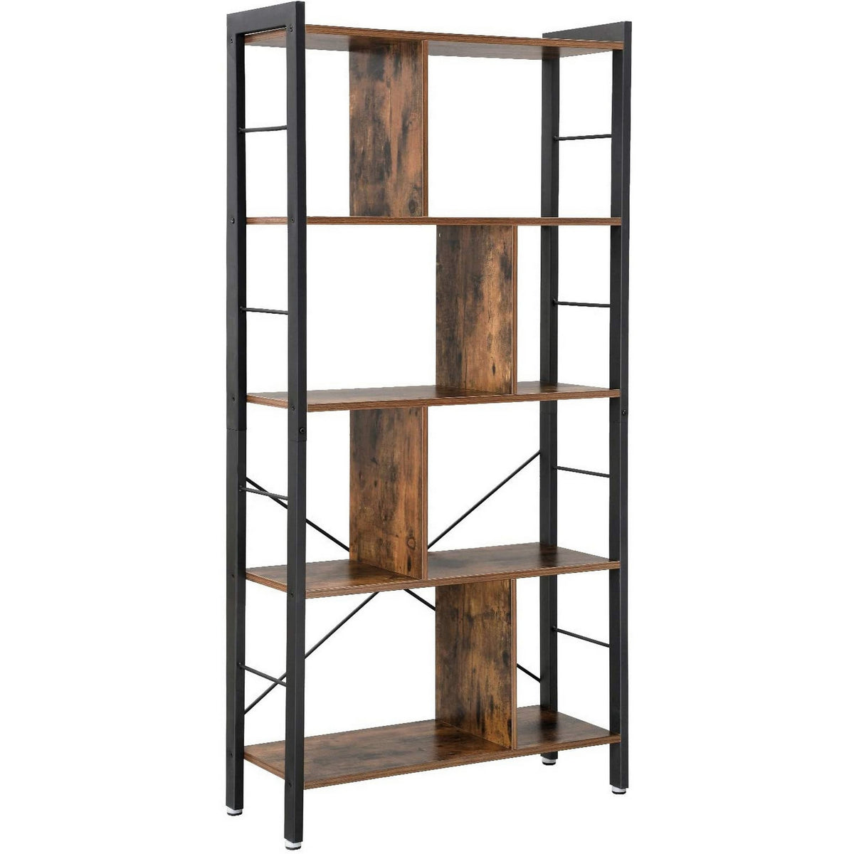 4 Tier Wood and Metal Bookcase with Crossbars, Brown and Black - BM233143