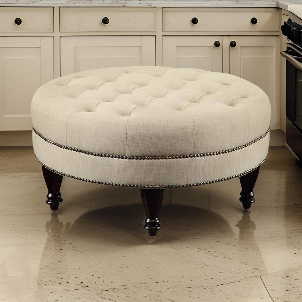 Round Shaped Fabric Ottoman with Nailhead Trim, Gray - BM233231