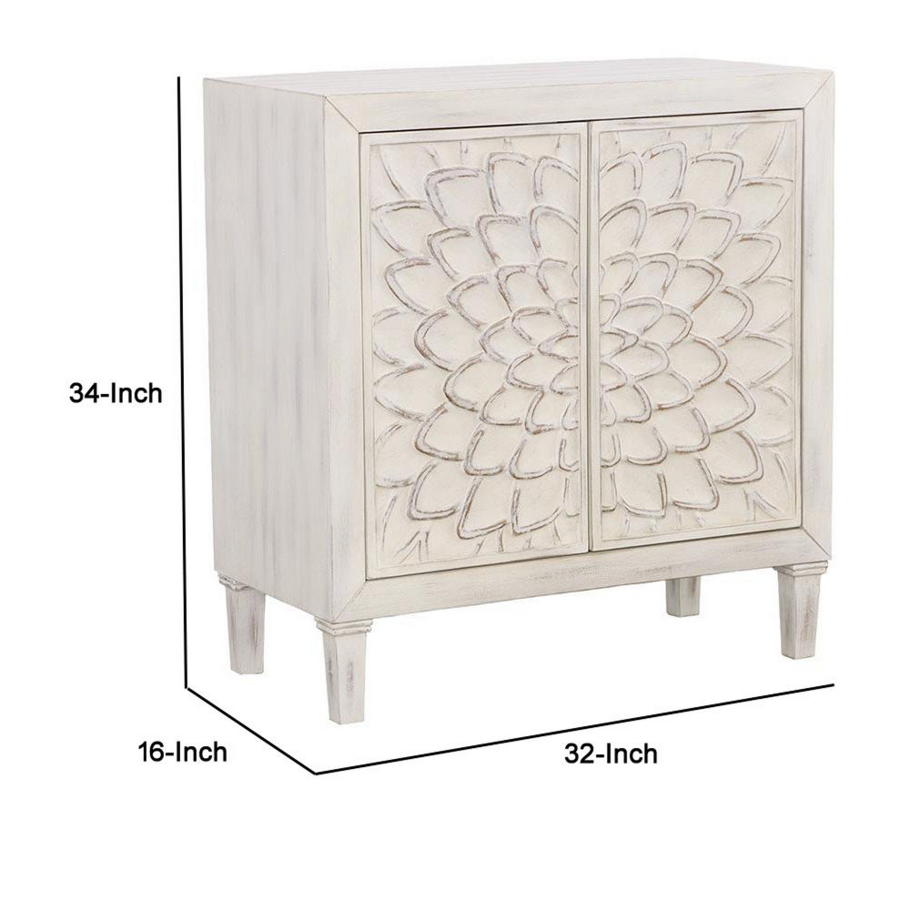 2 Door Wooden Accent Cabinet with Floral Carving, Distressed Whitewash - BM233234