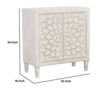 2 Door Wooden Accent Cabinet with Floral Carving, Distressed Whitewash - BM233234