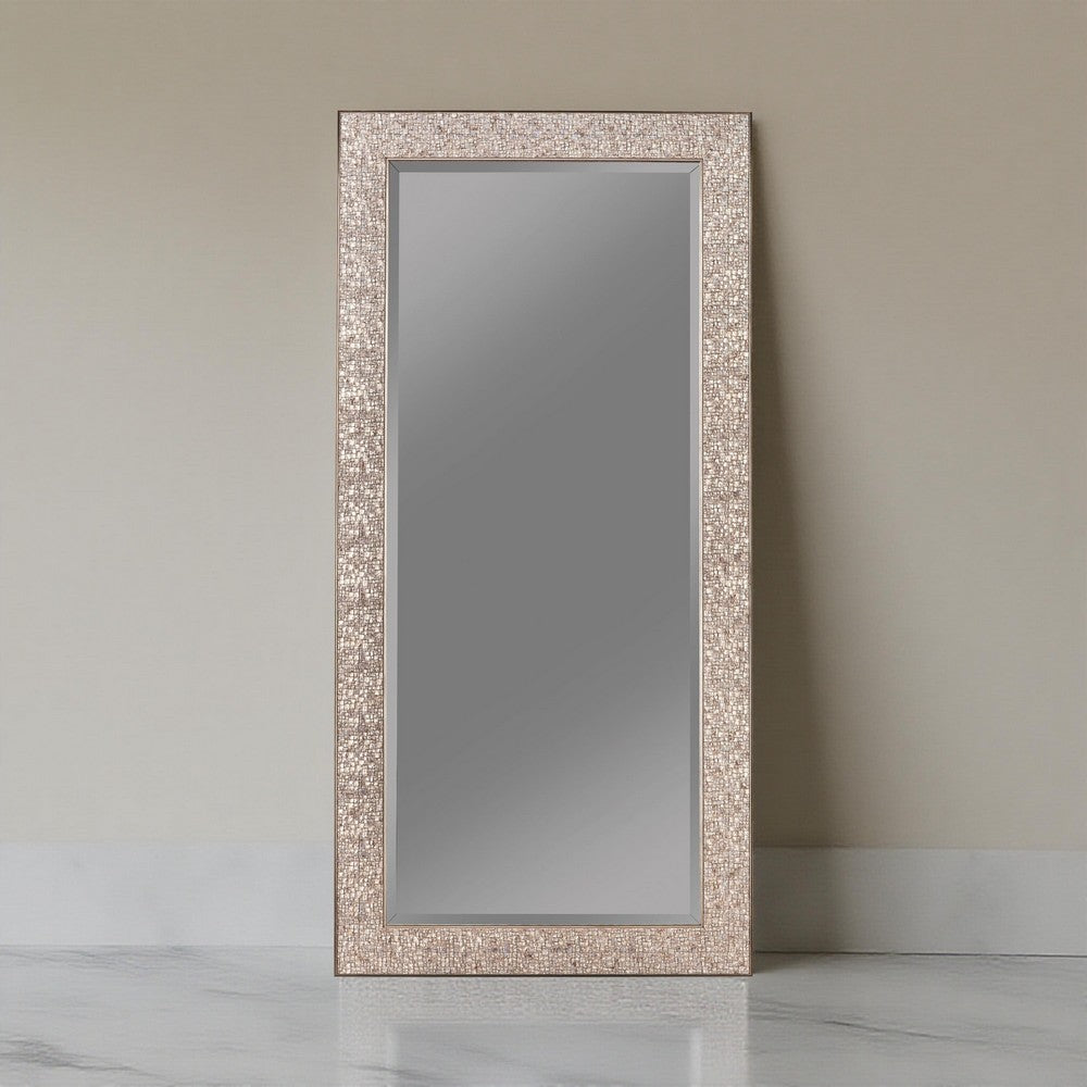 Rectangular Beveled Accent Floor Mirror with Glitter Mosaic Pattern, Silver - BM233237