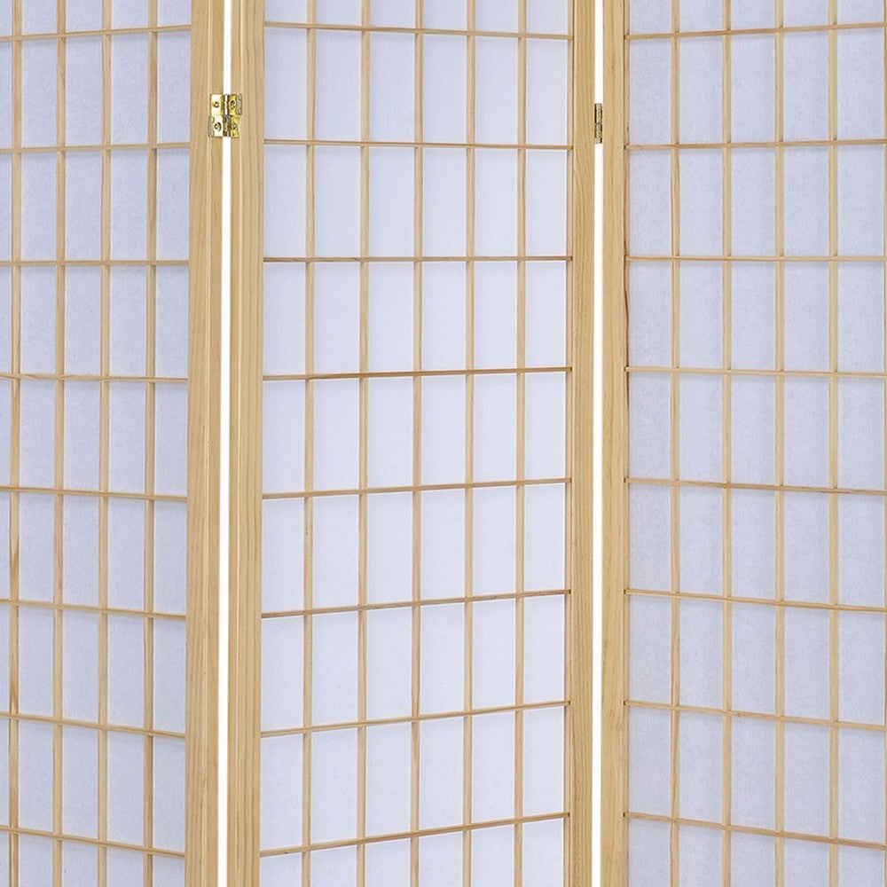 3 Panel Foldable Wooden Frame Room Divider with Grid Design, Brown - BM233240