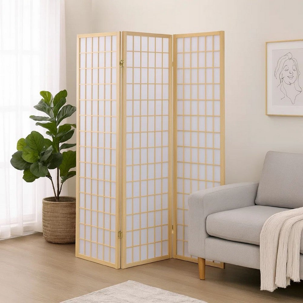 3 Panel Foldable Wooden Frame Room Divider with Grid Design, Brown - BM233240