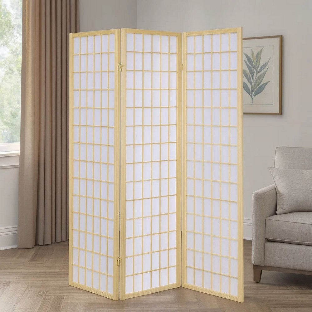3 Panel Foldable Wooden Frame Room Divider with Grid Design, Brown - BM233240