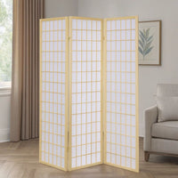 3 Panel Foldable Wooden Frame Room Divider with Grid Design, Brown - BM233240