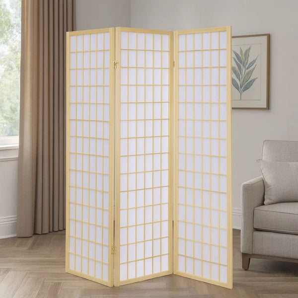 3 Panel Foldable Wooden Frame Room Divider with Grid Design, Brown - BM233240