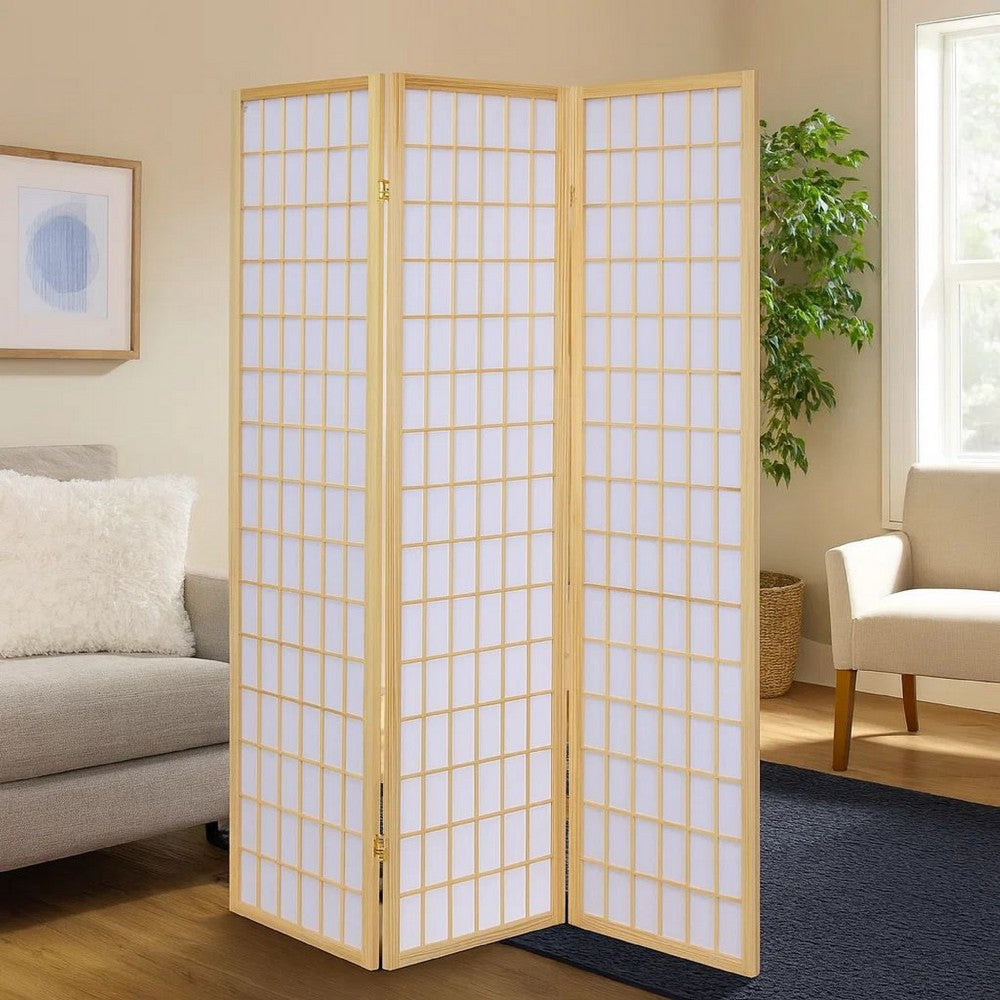 3 Panel Foldable Wooden Frame Room Divider with Grid Design, Brown - BM233240