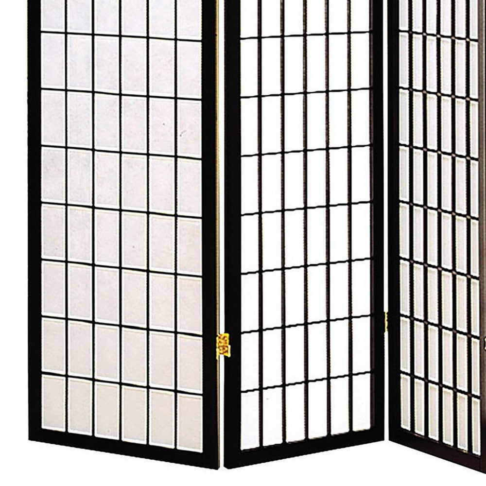 4 Panel Foldable Wooden Frame Room Divider with Grid Design, Black - BM233241