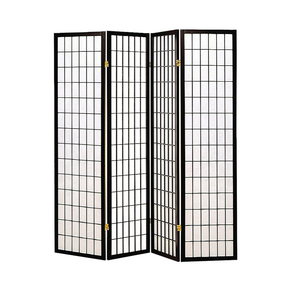 4 Panel Foldable Wooden Frame Room Divider with Grid Design, Black - BM233241