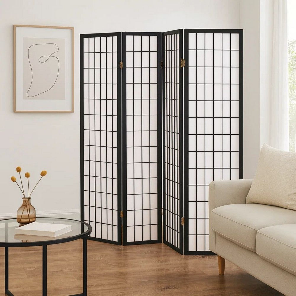 4 Panel Foldable Wooden Frame Room Divider with Grid Design, Black - BM233241