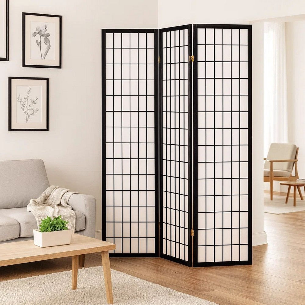 4 Panel Foldable Wooden Frame Room Divider with Grid Design, Black - BM233241