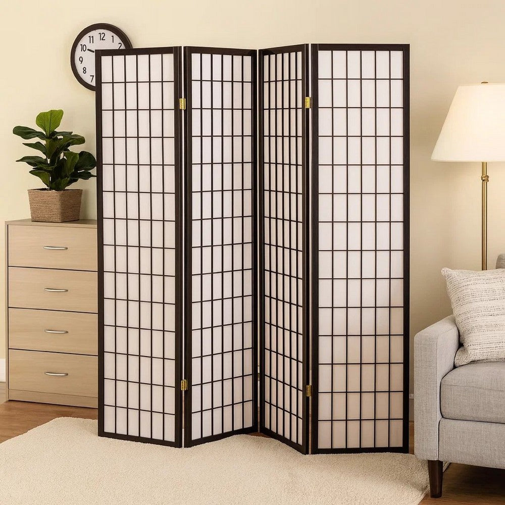 4 Panel Foldable Wooden Frame Room Divider with Grid Design, Black - BM233241