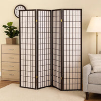 4 Panel Foldable Wooden Frame Room Divider with Grid Design, Black - BM233241