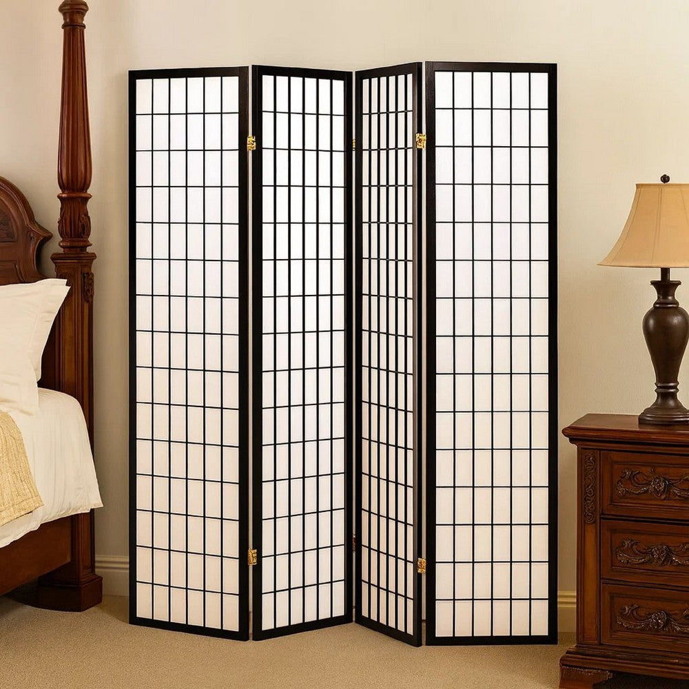 4 Panel Foldable Wooden Frame Room Divider with Grid Design, Black - BM233241