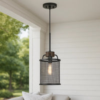 Cylindrical Grid Design Metal Chandelier with Wooden Accent, Black - BM233266