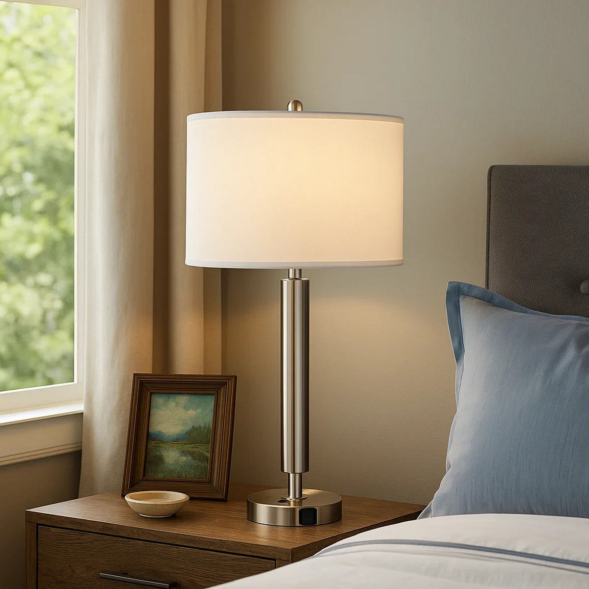 Metal Table Lamp with Fabric Drum Shade, White and Silver - BM233289