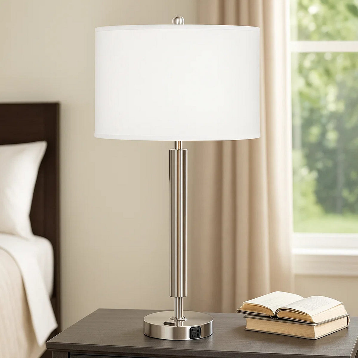 Metal Table Lamp with Fabric Drum Shade, White and Silver - BM233289
