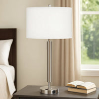 Metal Table Lamp with Fabric Drum Shade, White and Silver - BM233289