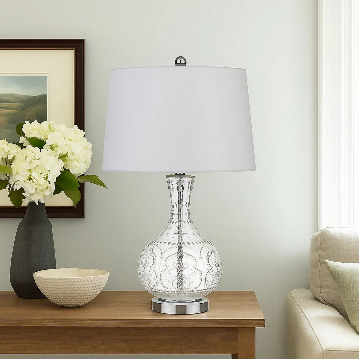 150 Watt Textured Glass Base Table Lamp, White and Clear  - BM233332