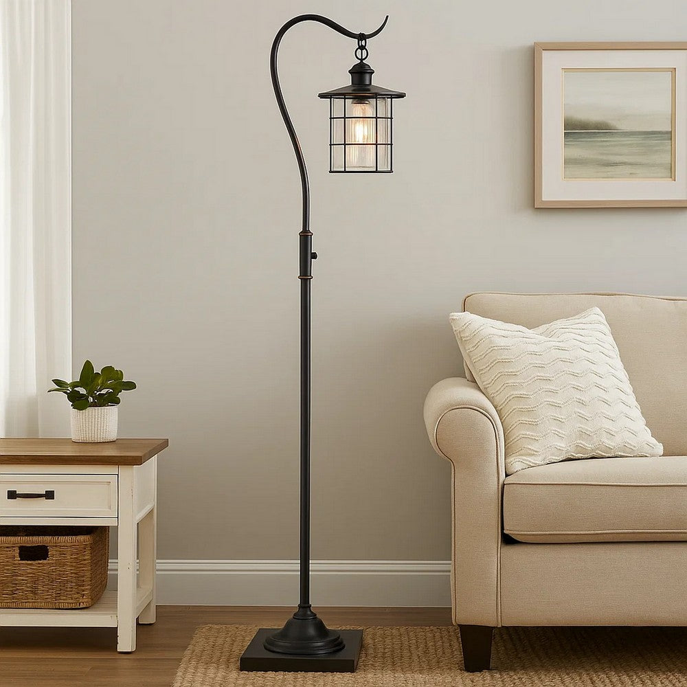 60 Inch Metal Downbridge Design Floor Lamp with Caged Shade, Dark Bronze - BM233410