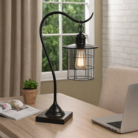 25 Inch Metal Downbridge Design Desk Lamp with Caged Shade, Dark Bronze - BM233413