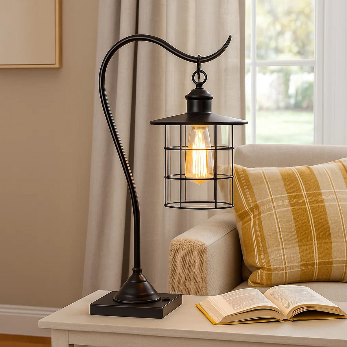 25 Inch Metal Downbridge Design Desk Lamp with Caged Shade, Dark Bronze - BM233413
