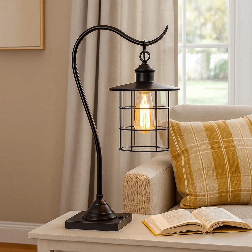25 Inch Metal Downbridge Design Desk Lamp with Caged Shade, Dark Bronze - BM233413