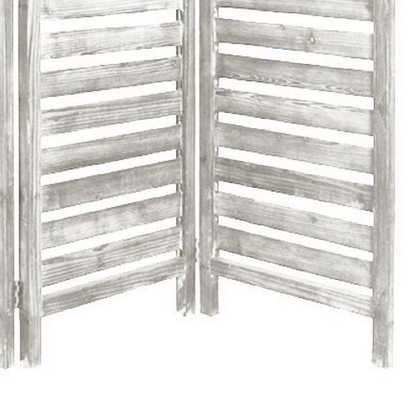 3 Panel Foldable Wooden Screen with Slatted Design, Weatherd White - BM233451