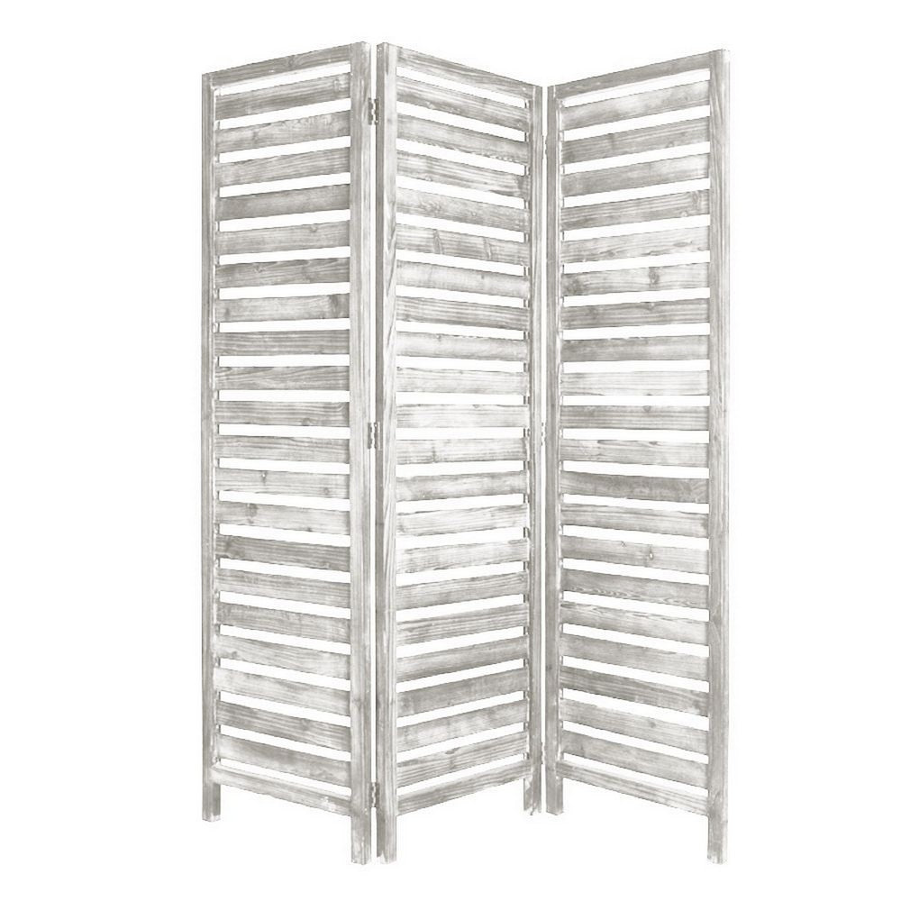 3 Panel Foldable Wooden Screen with Slatted Design, Weatherd White - BM233451