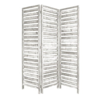 3 Panel Foldable Wooden Screen with Slatted Design, Weatherd White - BM233451